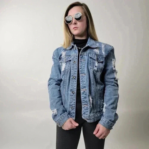 Ripped Faded Wash Denim Jacket - L - Picture 5 of 8